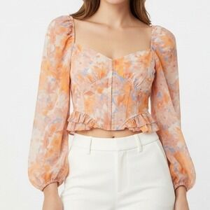 ASTR the Label Floral Corset Style Puff Sleeve Peplum Top Orange Pastel XS